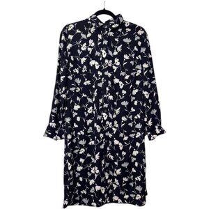 Ann Taylor navy blue floral long sleeves shift midi dress size M